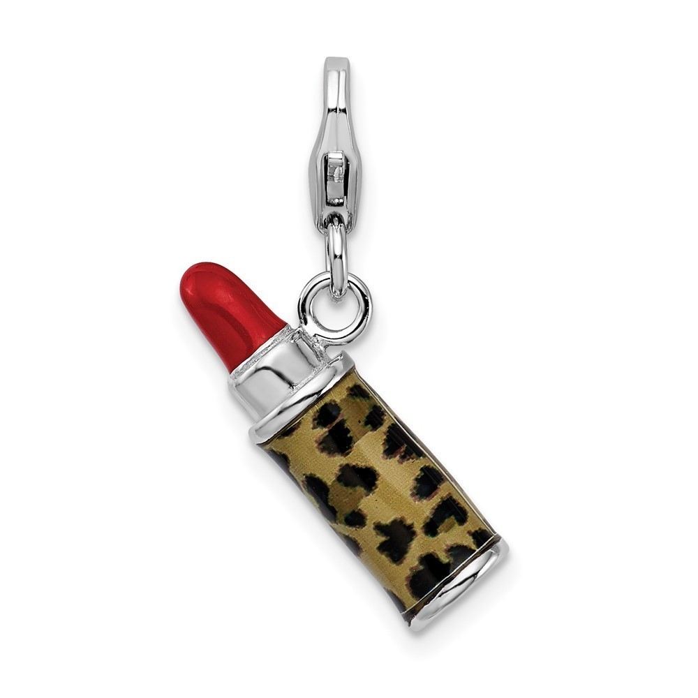 925 Sterling Silver 3-D Enameled Leopard Lipstick Bracelet Charm Lobster Clasp